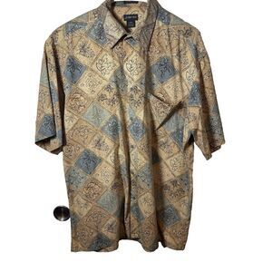 St Johns Bay Island Style Shirt Men's Large Button Up Short Sleeve Beige Casual